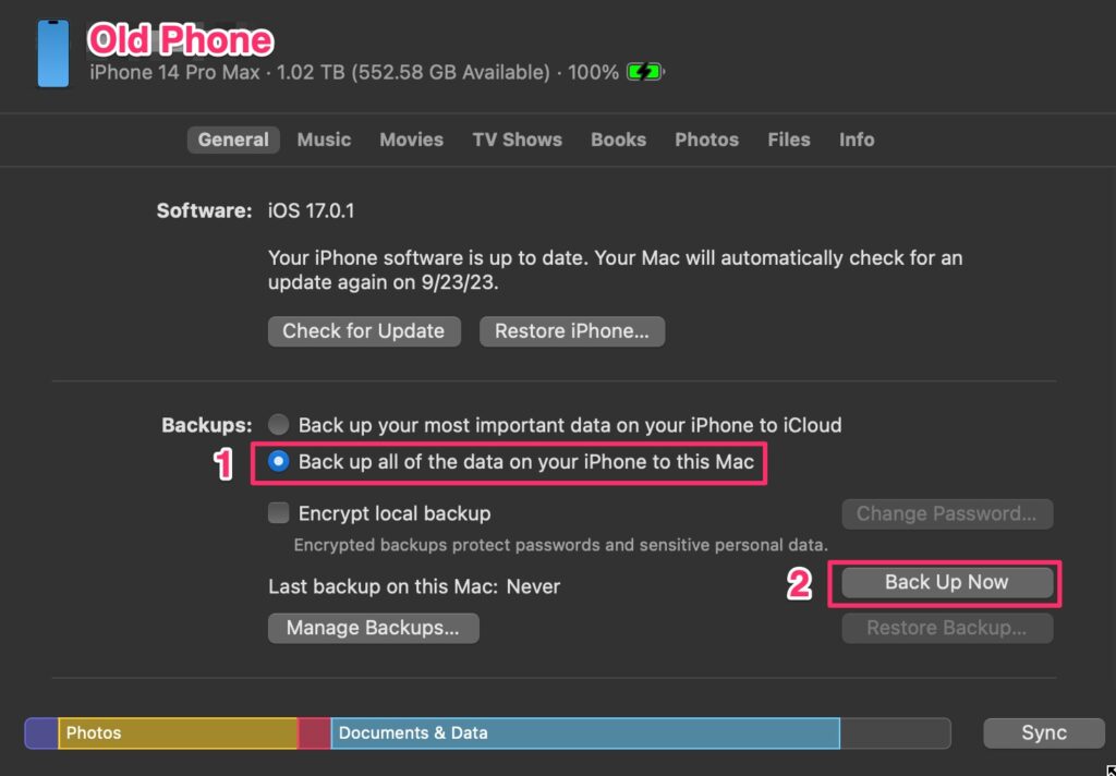 Backup all of the data on your iPhone to this Mac or PC