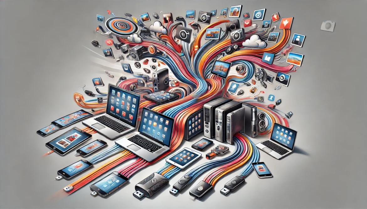 DALL·E 2024-12-10 09.56.08 – A polished, detailed, horizontal illustration of the ‘Family Cross-Platform Photo Crisis,’ free of text. The artwork features multiple devices such as